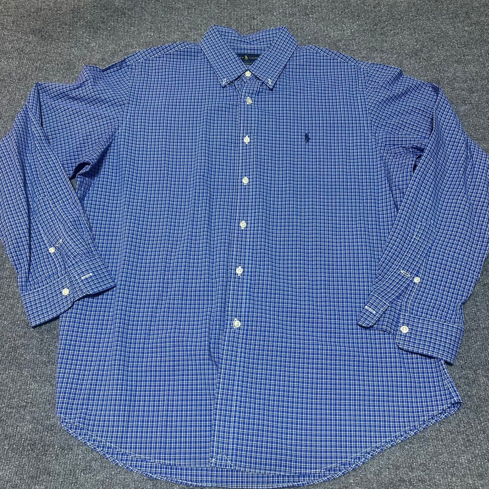 Ralph Lauren Mens Blue White Plaid Custom Fit Button Down Shirt XL Long Sleeve